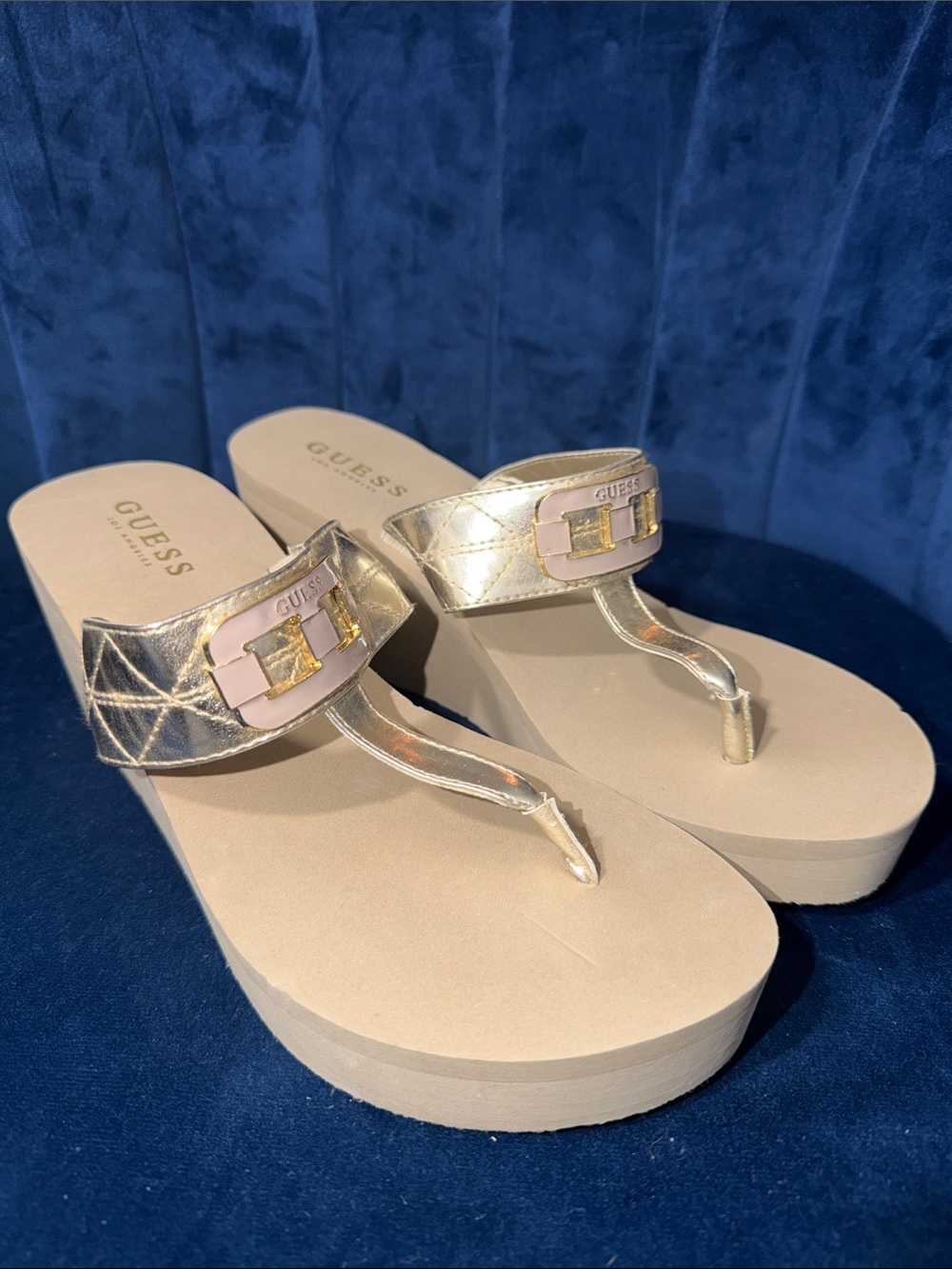 GUESS Metallic Gold Platform Thong Sandals with Pale Pink Accent